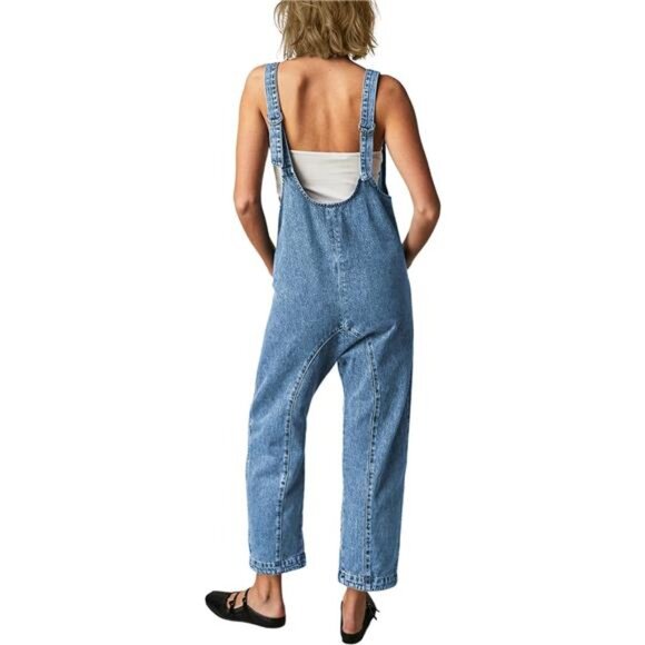 Women's High Roller Denim Overalls Casual Sleeveless Loose Baggy Blue
